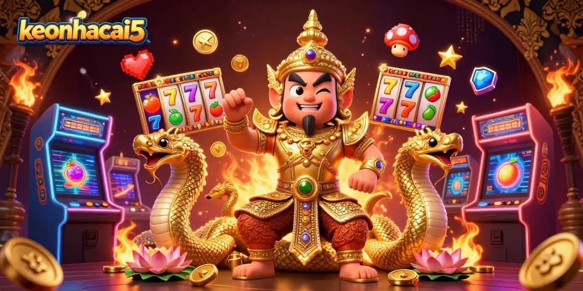 Experience vibrant slots excitement with keonhacai5 in a dynamic 3D casino scene.