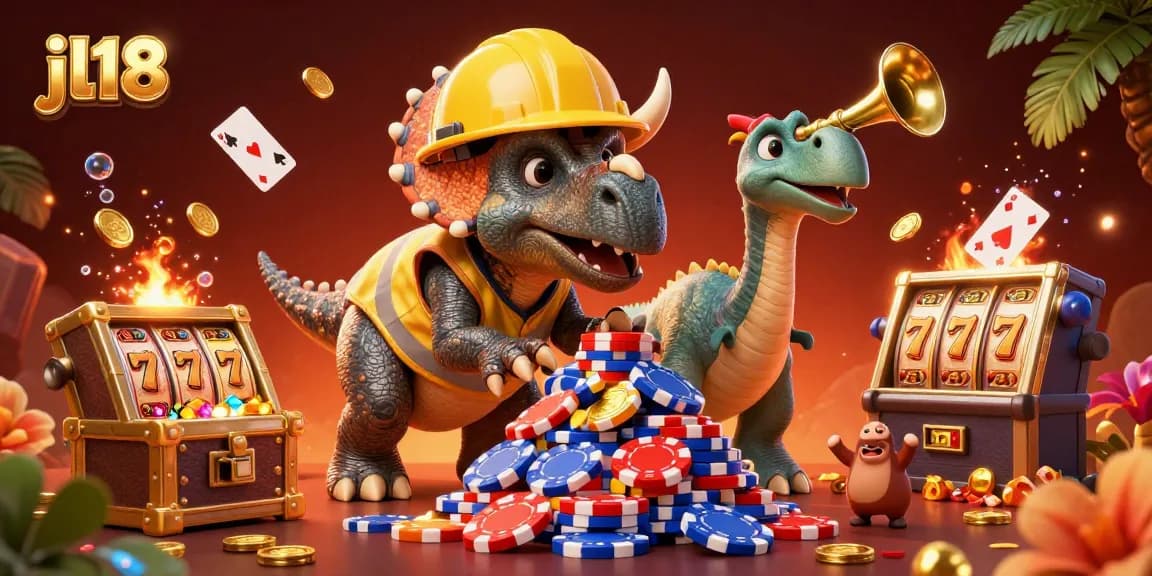 Experience exciting gaming with jl18 as a triceratops builds poker chip pyramids in a vibrant casino scene.