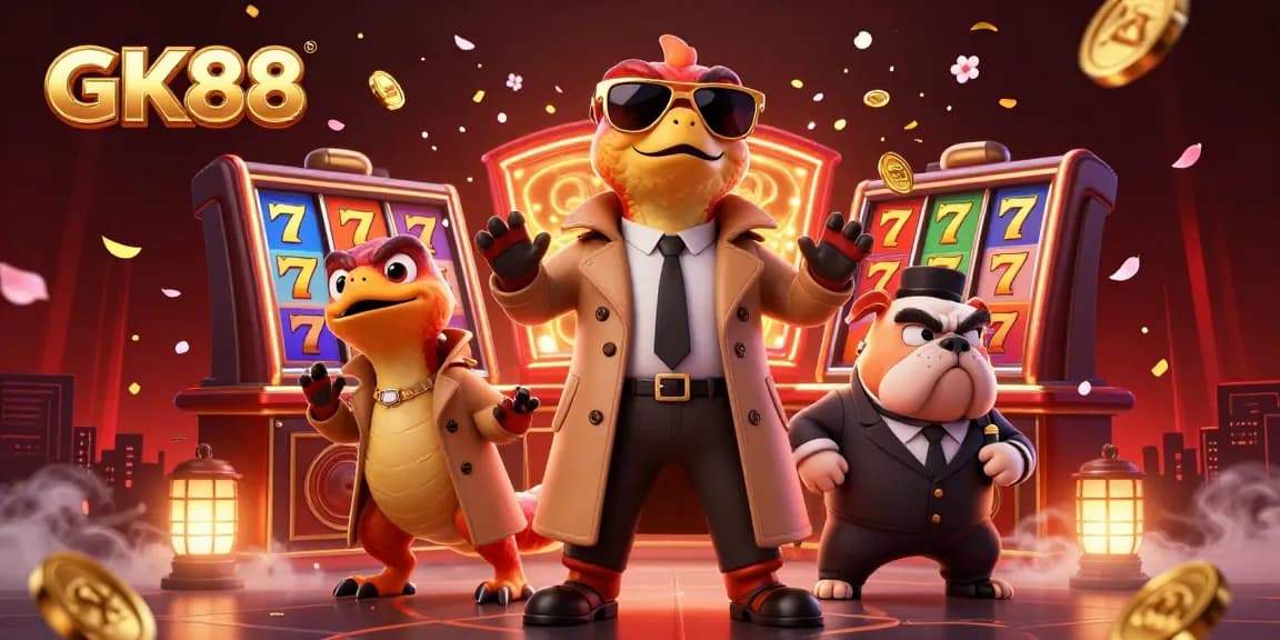 Experience the thrill of GK88's exciting casino lounge with animated raptors in a trench coat and a bulldog bouncer.