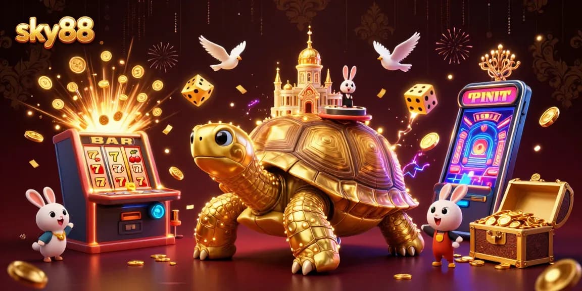 Experience exciting wins at sky88 with a vibrant 3D casino scene featuring a golden tortoise and a rabbit dealer.