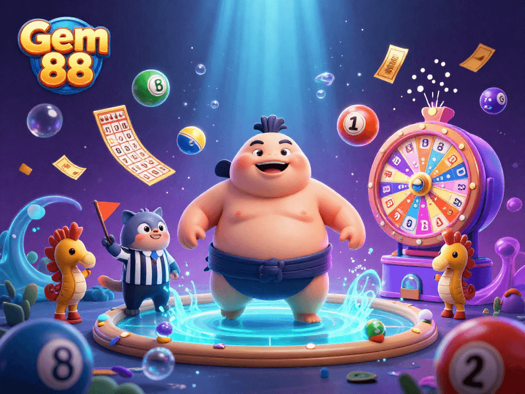 Experience the excitement of Gem 88 with dynamic lottery elements in a vibrant underwater scene.