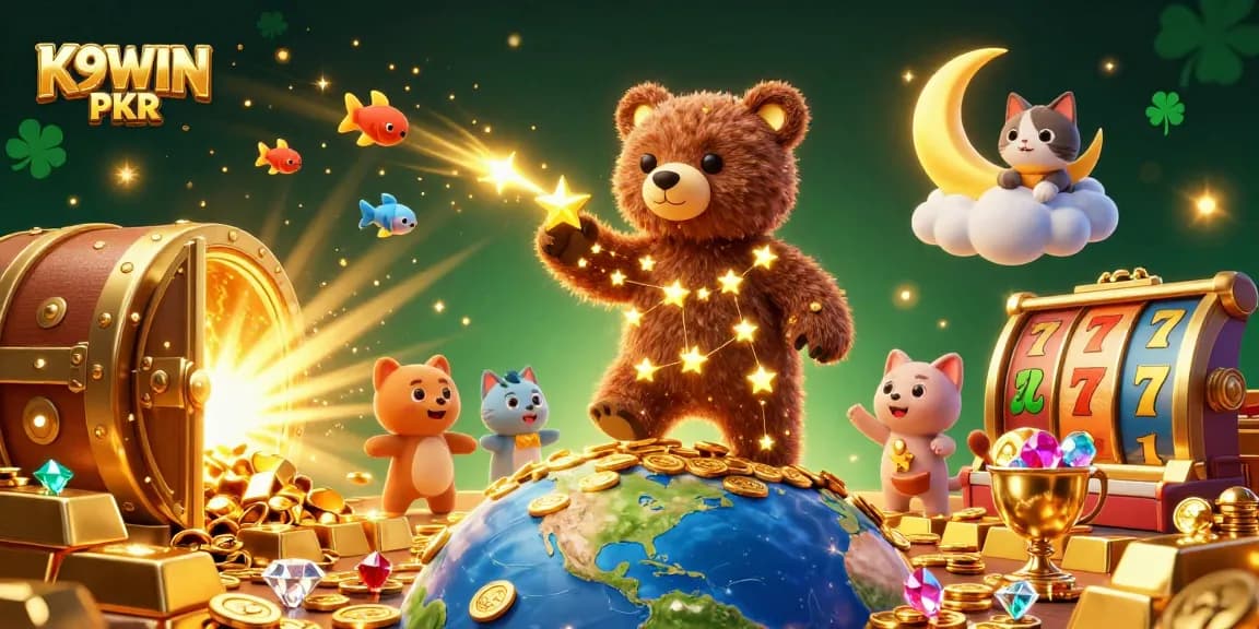 K9WIN PKR depicts a vibrant casino scene with rewards and excitement from a constellation bear and lucky elements.