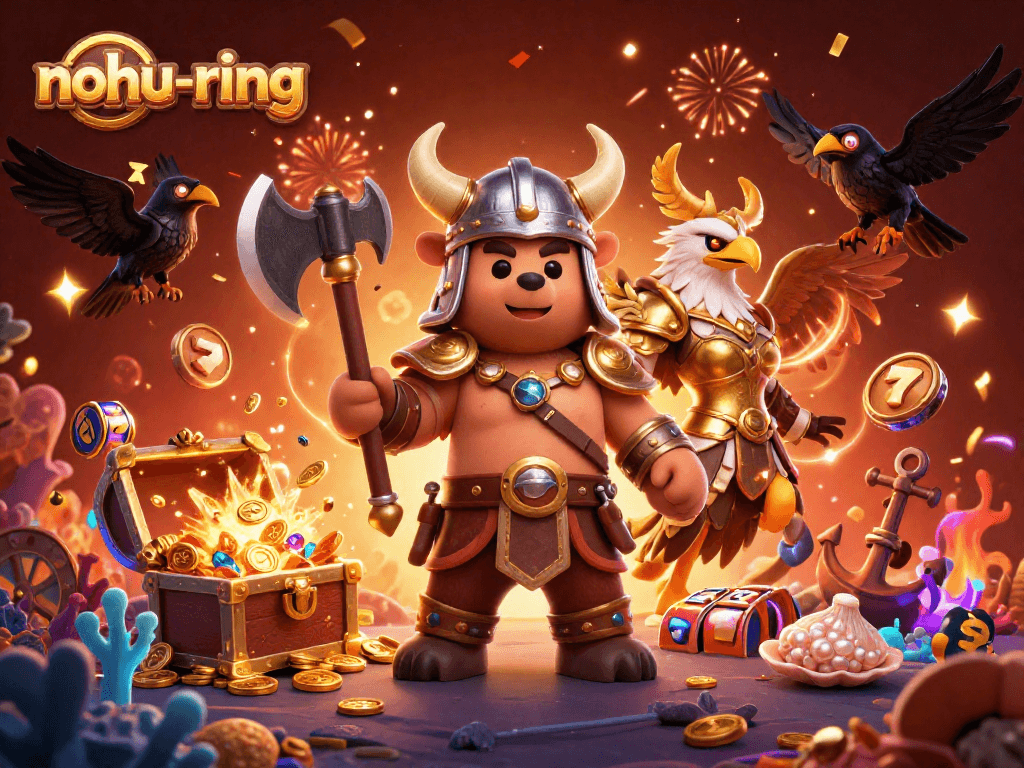 Engage with nohu-ring: Viking bear and Valkyrie amid a colorful casino treasure explosion.
