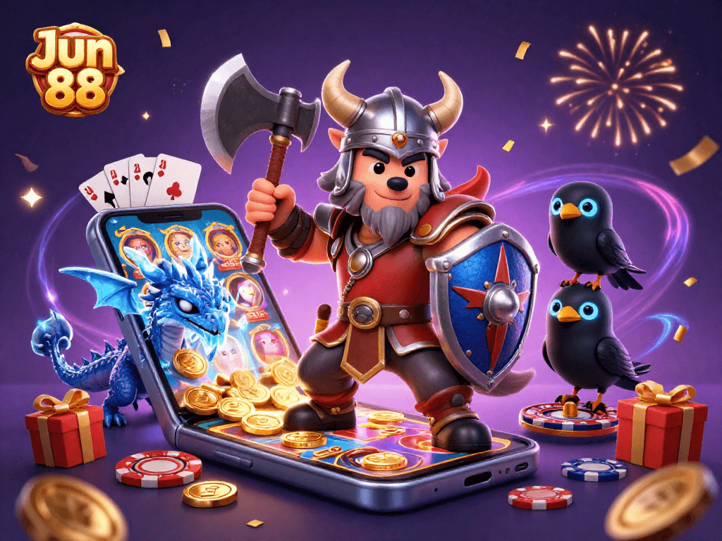 Win big at Jun 88 with Viking warriors, dragons, and exciting slot games in a 3D casino scene.
