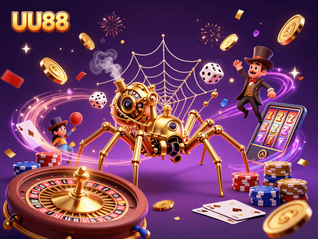Experience the excitement of UU88's vibrant casino atmosphere with steampunk elements and dazzling game symbols.