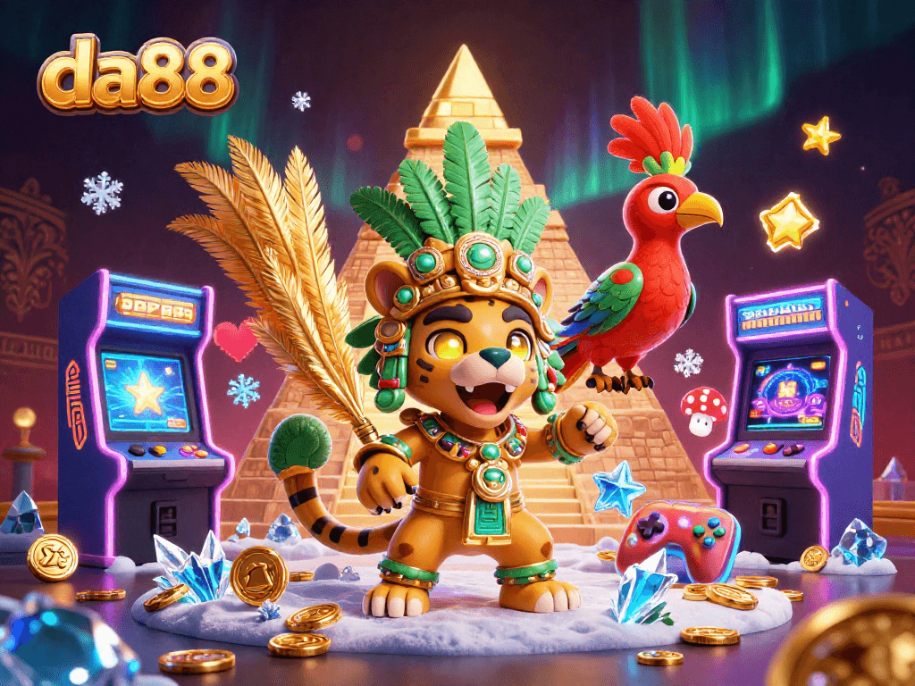 Experience da88's thrilling casino game world with a vibrant Mayan jaguar priest and colorful game elements.