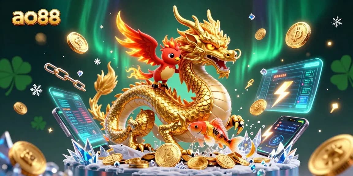 Experience the thrill of gaming at ao88 with a vibrant dragon and phoenix scene filled with crypto elements.