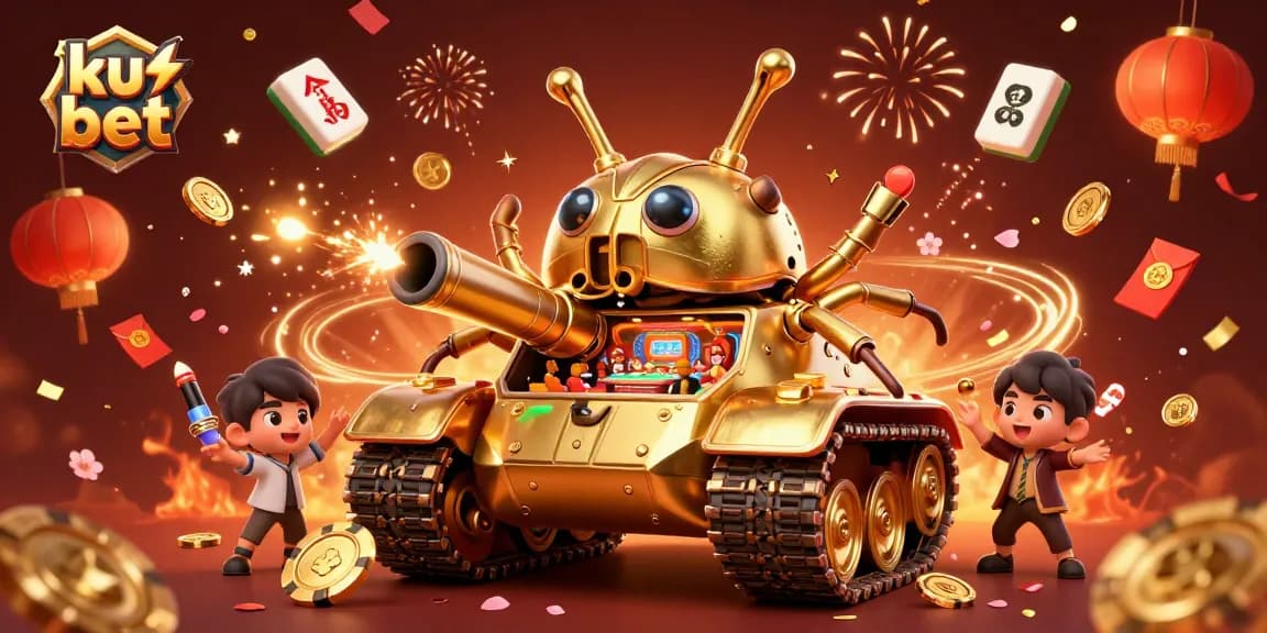 Engage with ku bet's vibrant casino scene featuring a golden beetle tank and dynamic gaming symbols.