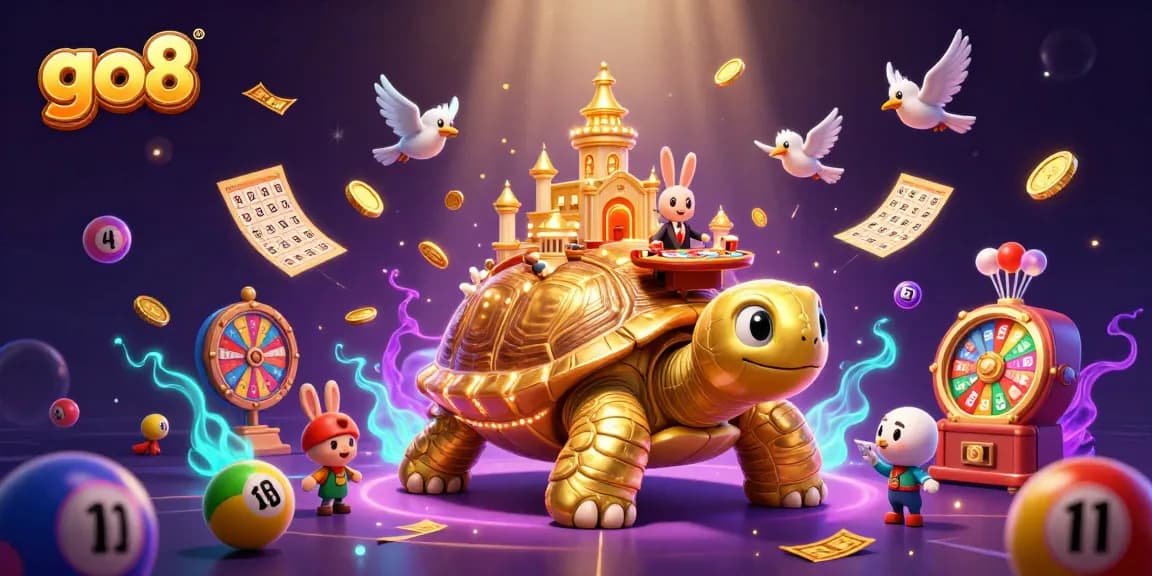 Engage with the colorful go8 gambling scene featuring a golden tortoise casino with dynamic gaming elements.