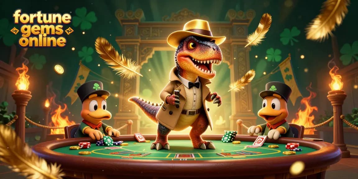 Engage with fortune gems online as a clever velociraptor card counter amidst vibrant casino chaos.