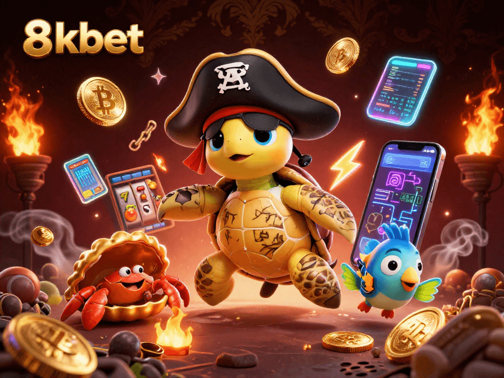 Engage with 8kbet's vibrant gaming world featuring unique characters and crypto elements in a dynamic casino scene.