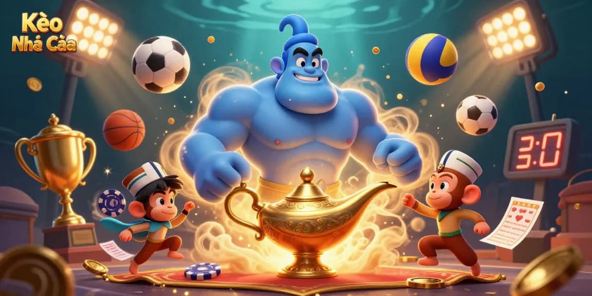 Kèo Nhà Cái showcases a dynamic scene with a blue genie, sports balls, and betting slips illustrating the excitement of sports betting.