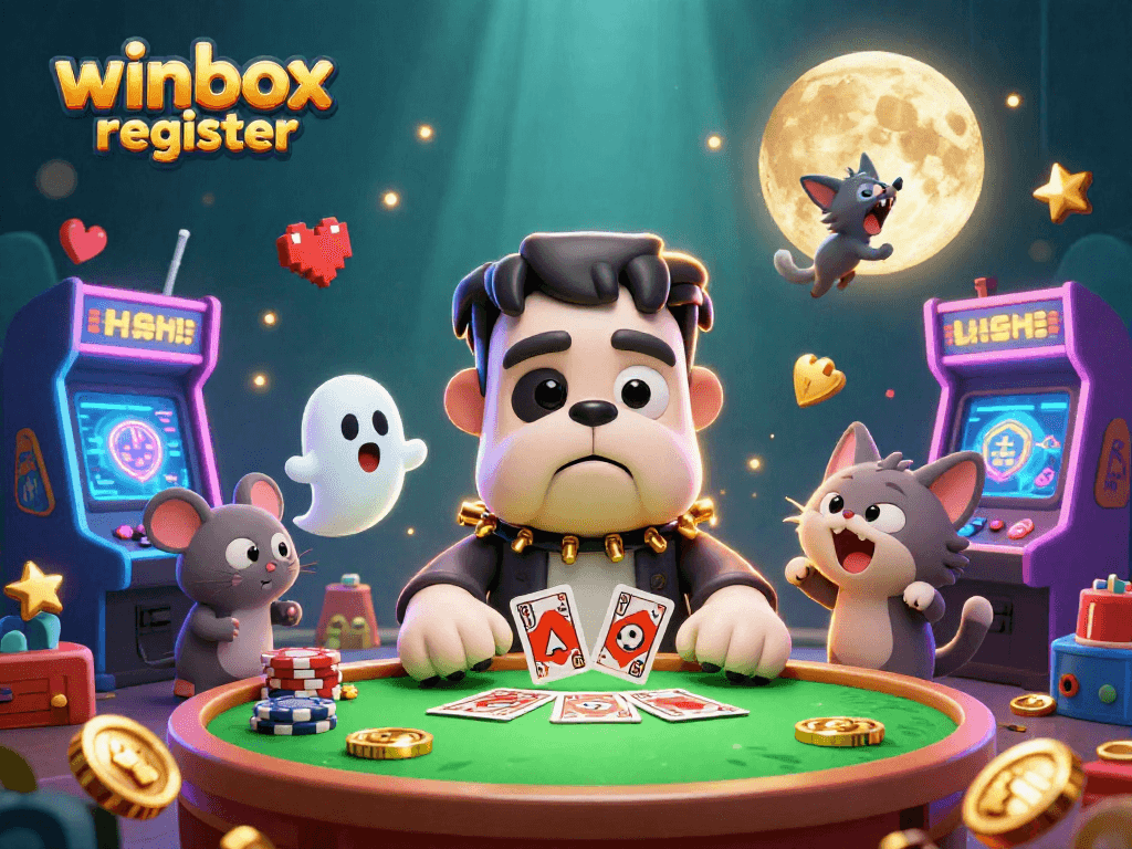 Engage with winbox register as a vibrant 3D scene illustrating cartoon characters and casino game elements.