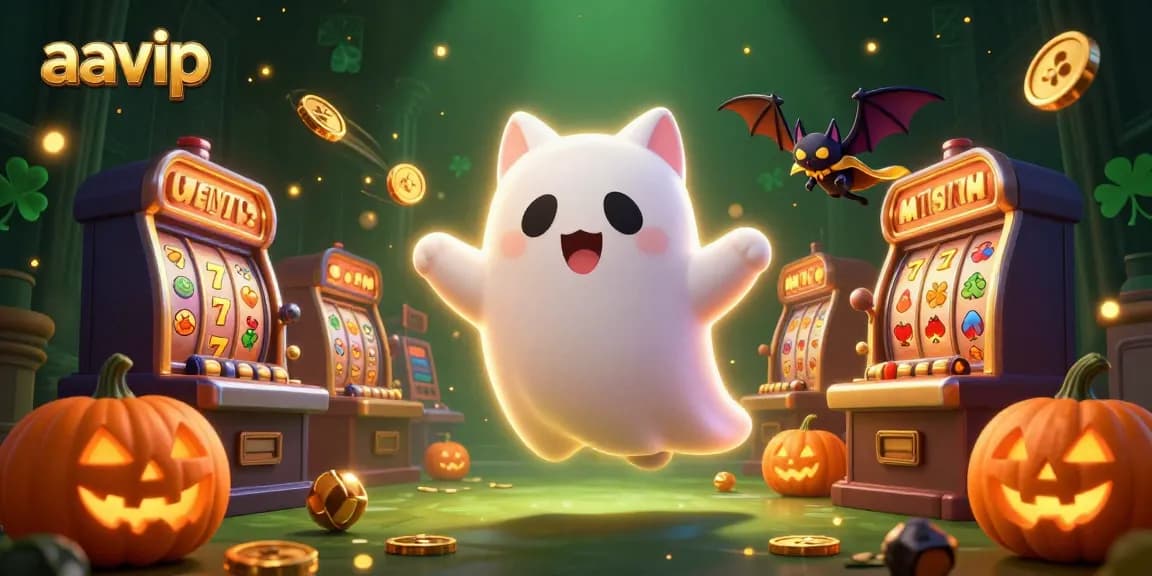 Play exciting slots at aavip with friendly ghost cat characters floating through a haunted casino.