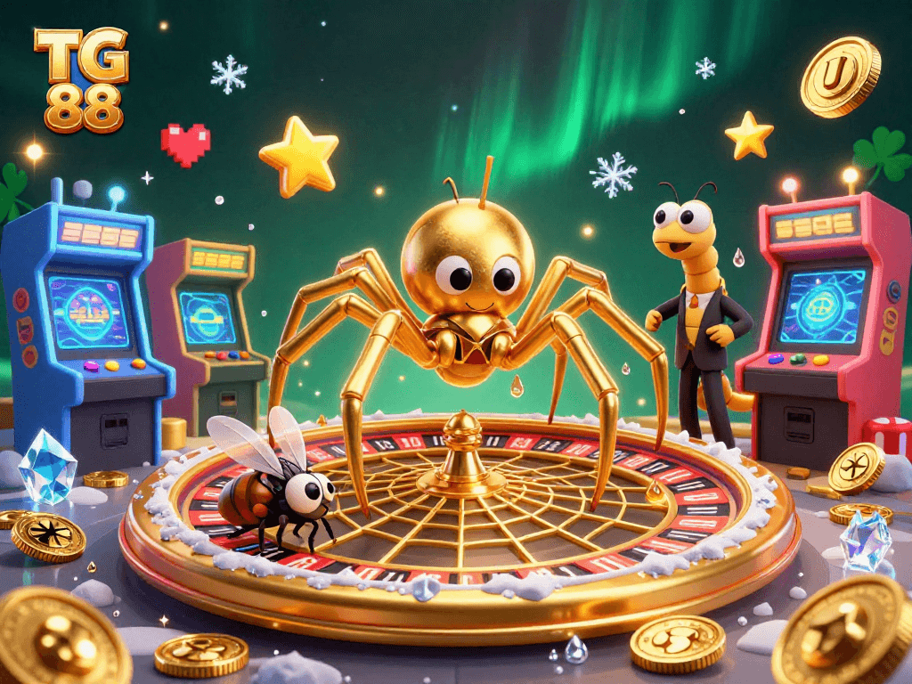 Experience excitement at TG 88 with a lively casino-themed illustration featuring a roulette wheel and vibrant gaming elements.
