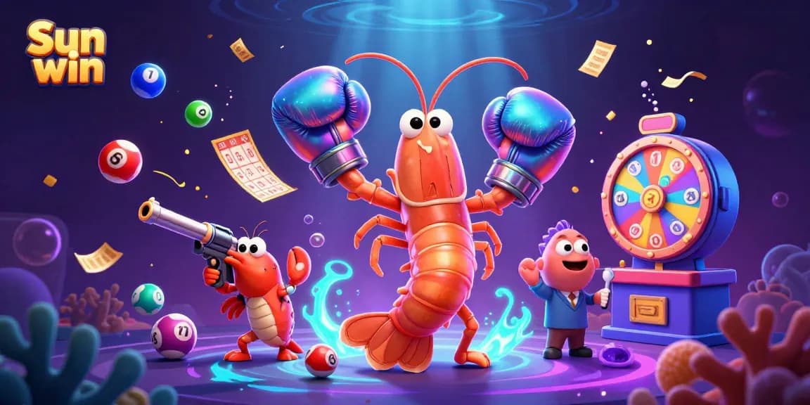 Experience thrilling gameplay with Sun win, featuring vibrant lottery elements and charismatic characters in a lively casino atmosphere.