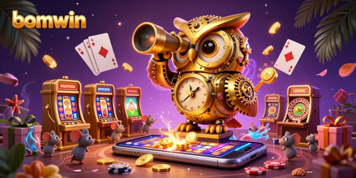 Experience thrilling gameplay at bomwin with a dynamic casino scene showcasing a golden owl and playful mice.
