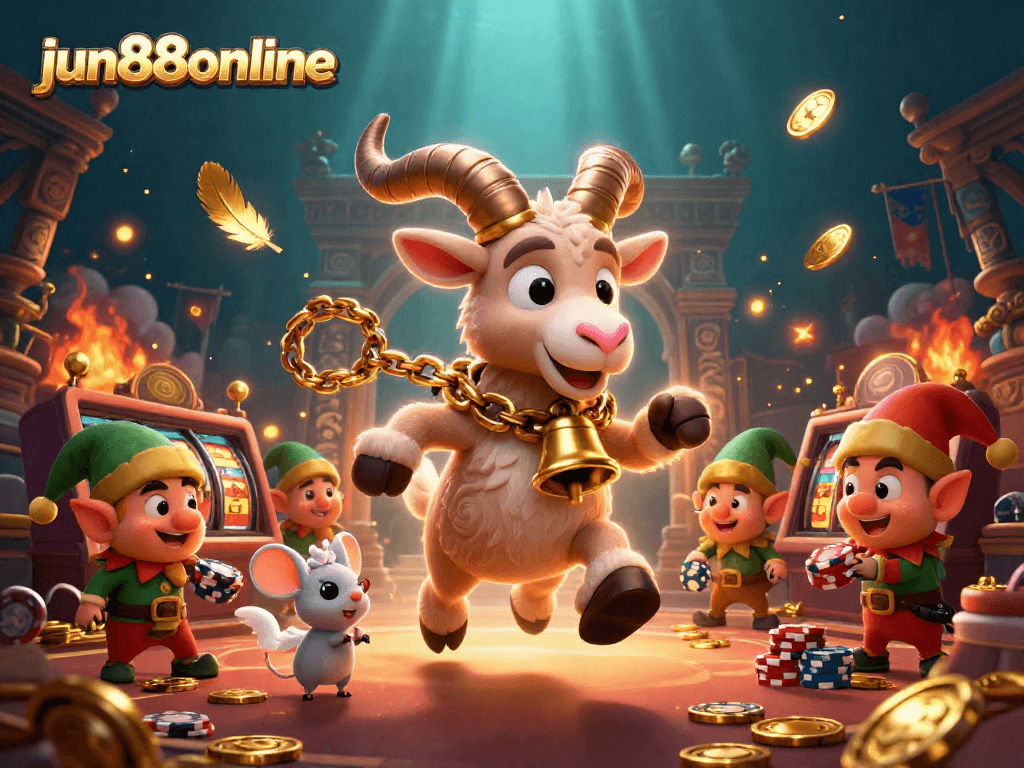 Engage with jun88online's fun casino, featuring Krampus and angelic characters amidst dynamic gaming action.