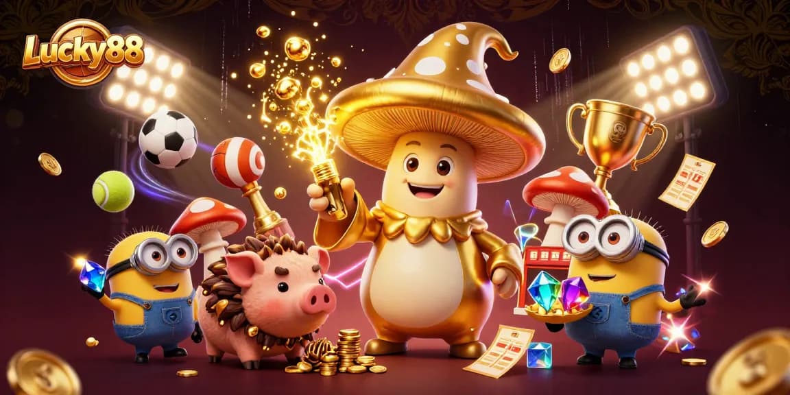 Witness the magic of Lucky88 as a wizard transforms sports betting into gold in a vibrant casino scene.