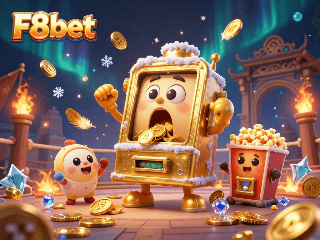 F8bet golden slot machine celebrating its jackpot victory, surrounded by cheering machines and gaming elements.