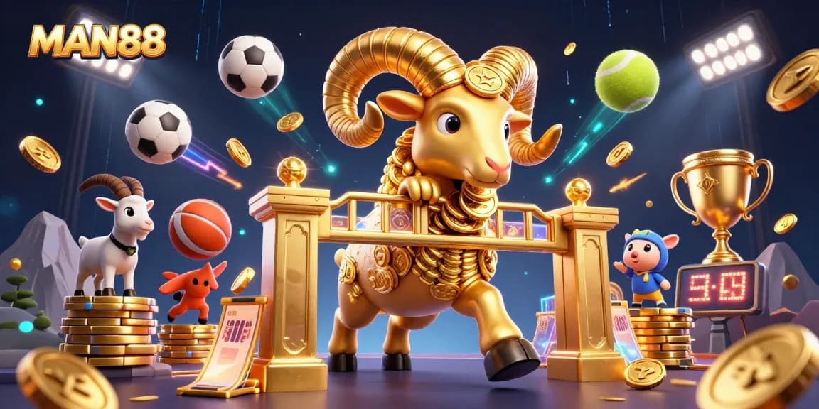 Experience the excitement of MAN88 with dynamic sports betting elements in this vibrant 3D illustration.
