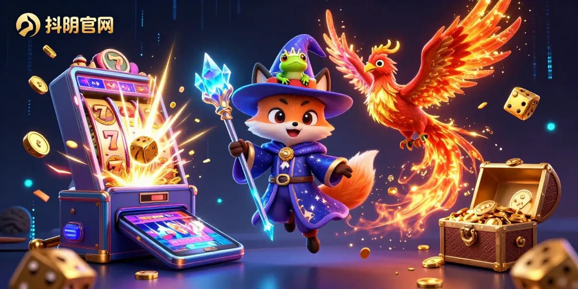 Engage with the 抖阴官网 experience through vibrant illustrations of casino games and magical characters.