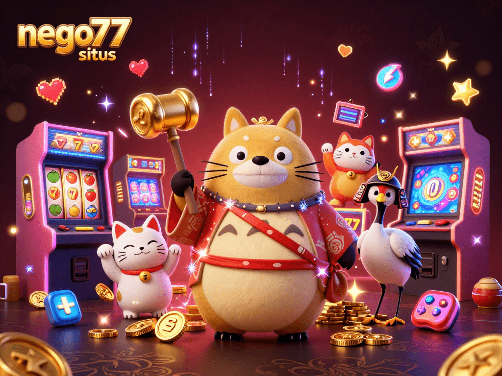 Engage with slots and excitement at nego77 situs, featuring a cheerful tanuki and fortune cats.