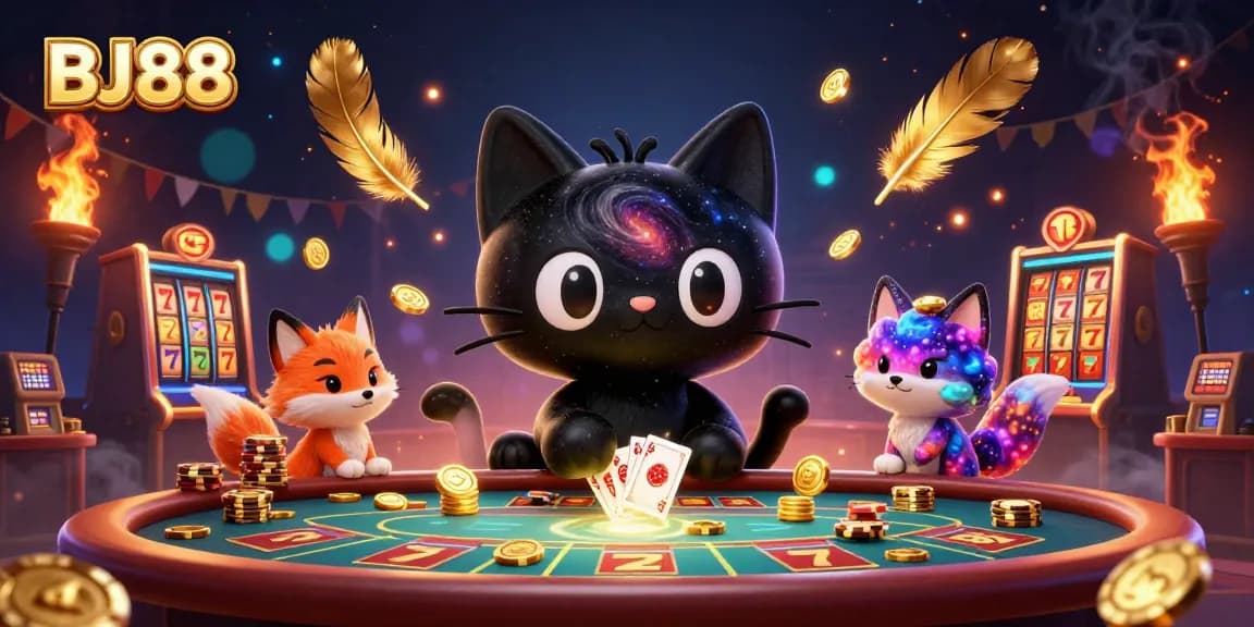 Engage in high-stakes fun at BJ88 with vibrant casino elements and enchanting characters.