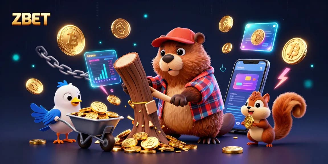Experience ZBET with thrilling gameplay featuring a beaver collecting golden coins in a vibrant casino scene.