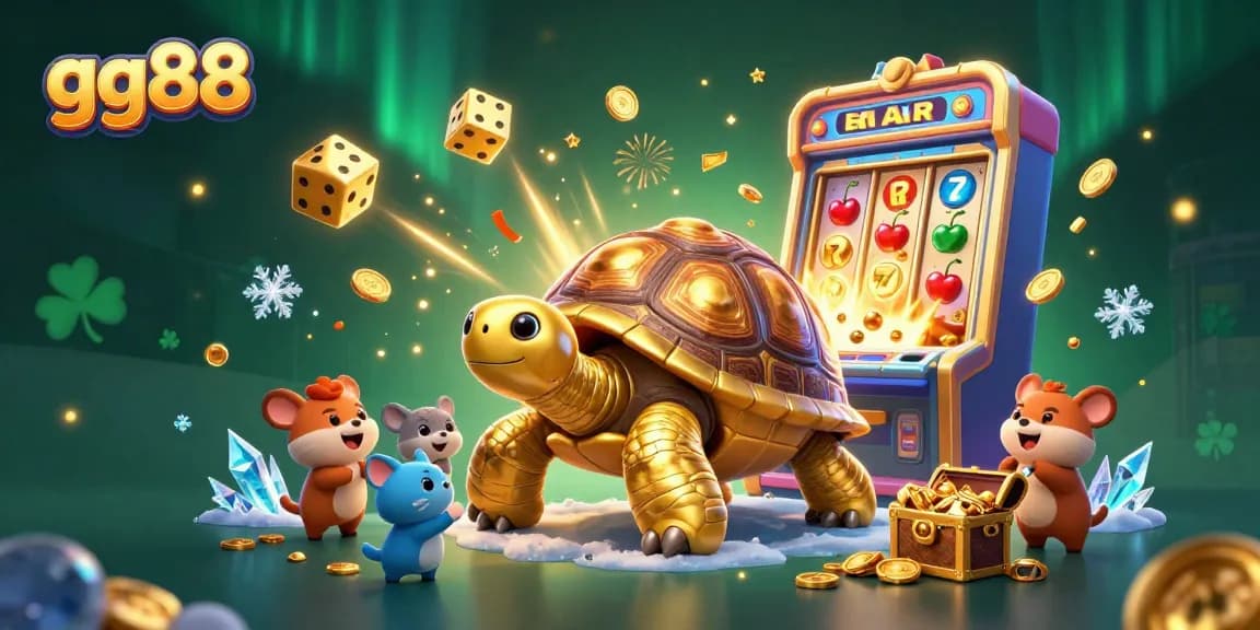 Play exciting casino games at gg88, featuring a fun scene with animated golden tortoises and thrilling jackpot symbols.