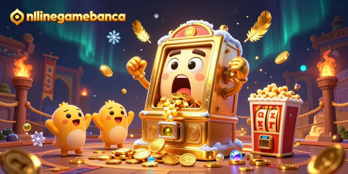 onlinegamebanca showcases a jackpot-winning slot machine surrounded by cheering characters and dynamic casino elements.