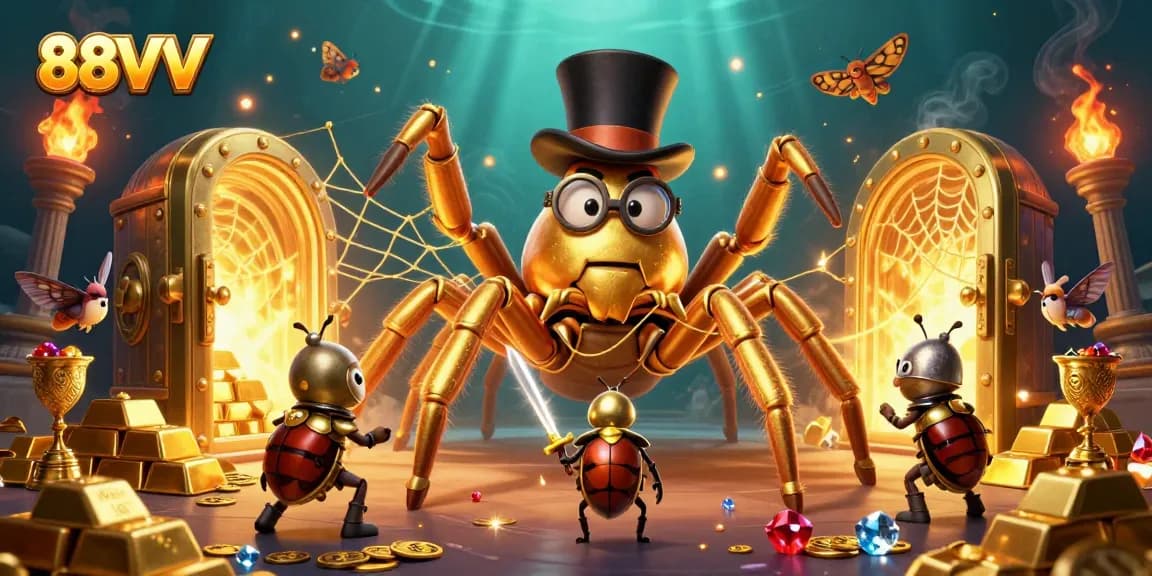 88VV casino scene showcasing dynamic gameplay with gold elements and characters engaged in action.