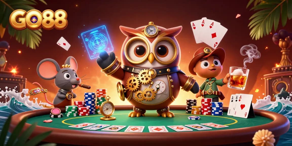 Experience GO88's vibrant gaming energy in a lively casino scene with unique characters.