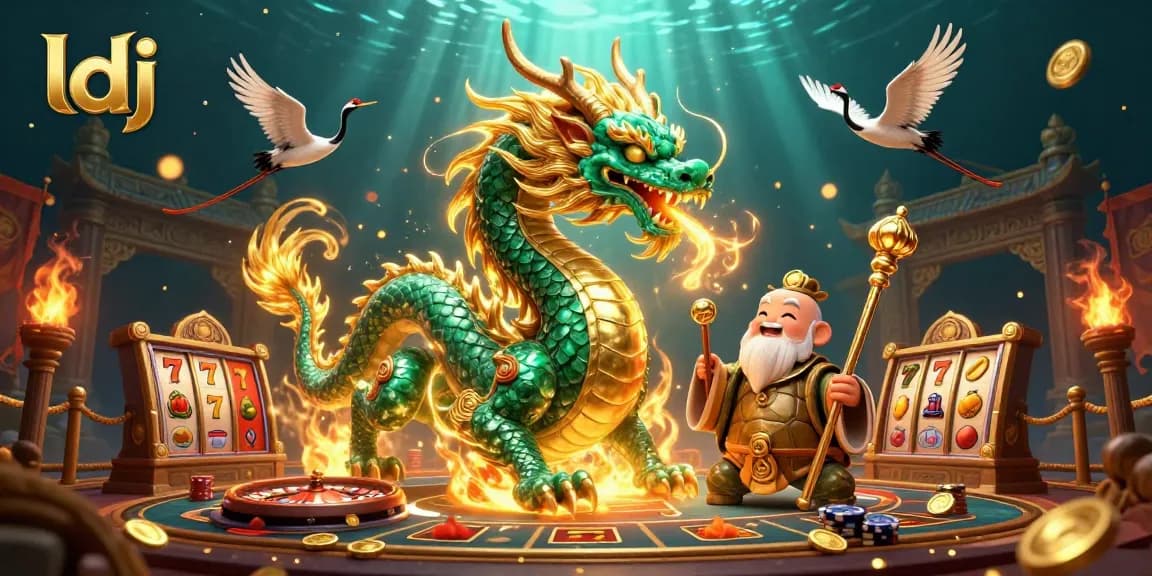 Experience the thrill of ldj slot jackpots with a vibrant dragon and turtle sage in a dynamic casino setting.