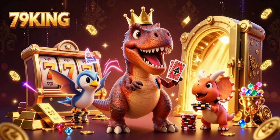 Engage in thrilling gameplay at 79KING with vibrant slots, golden chips, and dynamic casino elements.