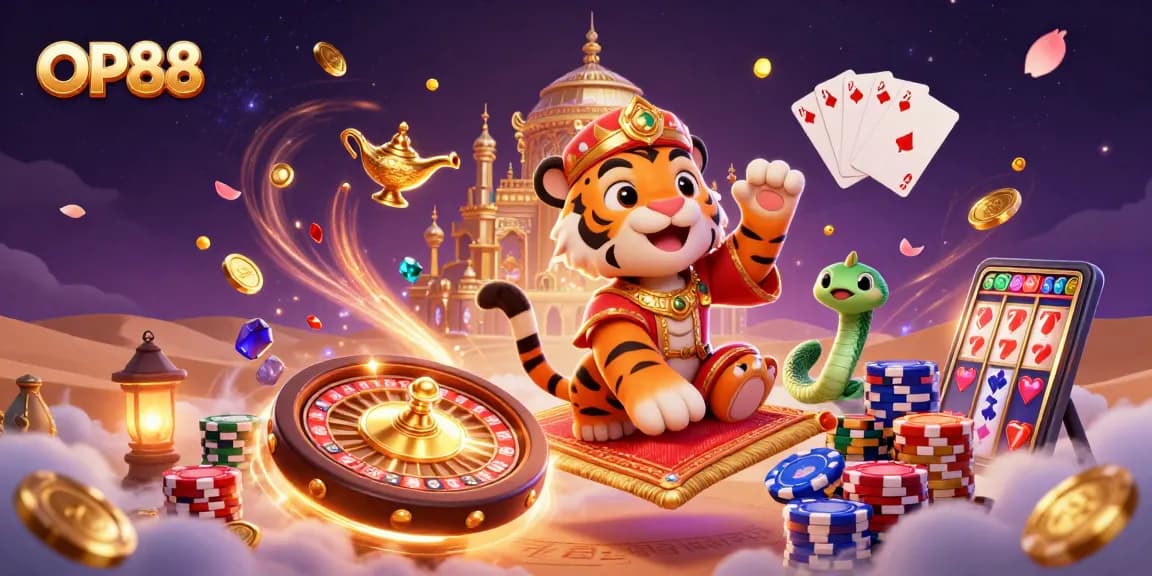 Engage with OP88's thrilling casino experience featuring a tiger sultan on a winning carpet, amidst sparkling treasures.