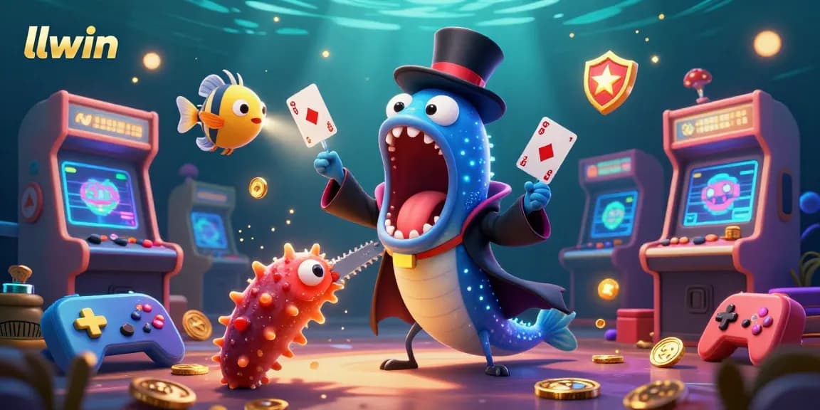 llwin features a 3D bioluminescent eel performing card tricks in an exciting casino-themed scene.