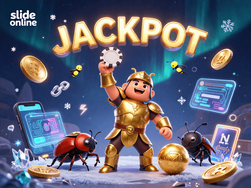 Experience thrilling gameplay with slide online, featuring a heroic beetle celebrating a jackpot.