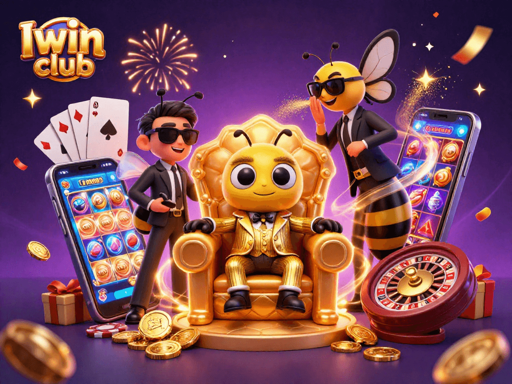 Iwin club's thrilling casino experience with a cartoon mob boss and wasp guards in a magical throne room.
