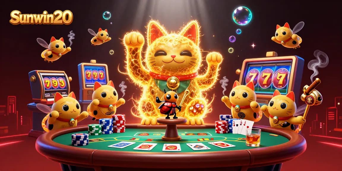 Experience thrilling wins with Sunwin20 in this vibrant, casino-themed illustration.