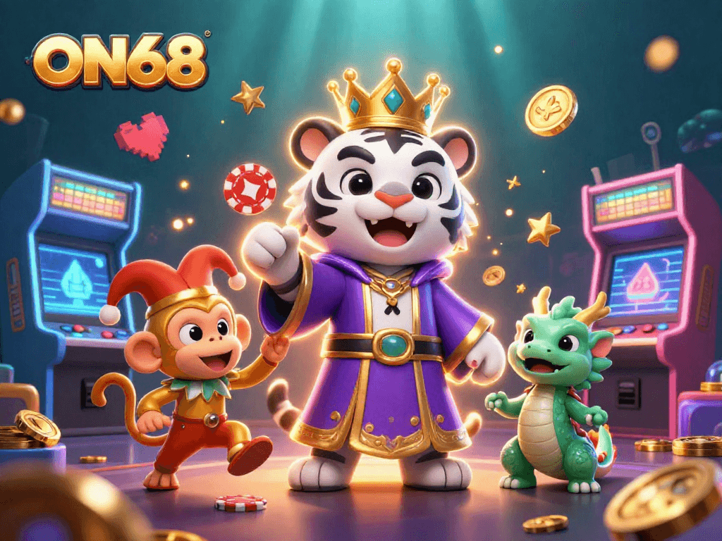 Engage with ON68’s vibrant casino world featuring a white tiger, monkey, and jade dragon amidst casino games.