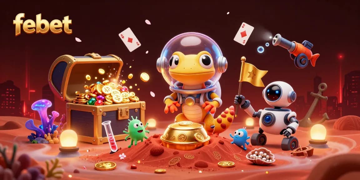 Experience epic wins at febet with a colorful casino adventure illustrated in 3D.