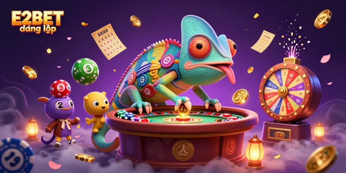 Experience E2BET đăng nhập with vibrant scenes of gaming action, highlighted by colorful lottery elements and a dynamic chameleon