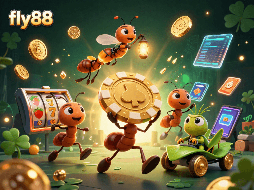 Fly88 showcases an adventurous team of ants and a getaway driver amidst casino heist themes.