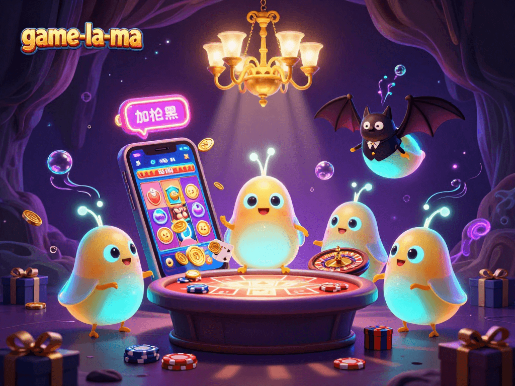 Experience thrilling gameplay at game-la-ma amidst bioluminescent glowworms lighting up a vibrant casino scene.