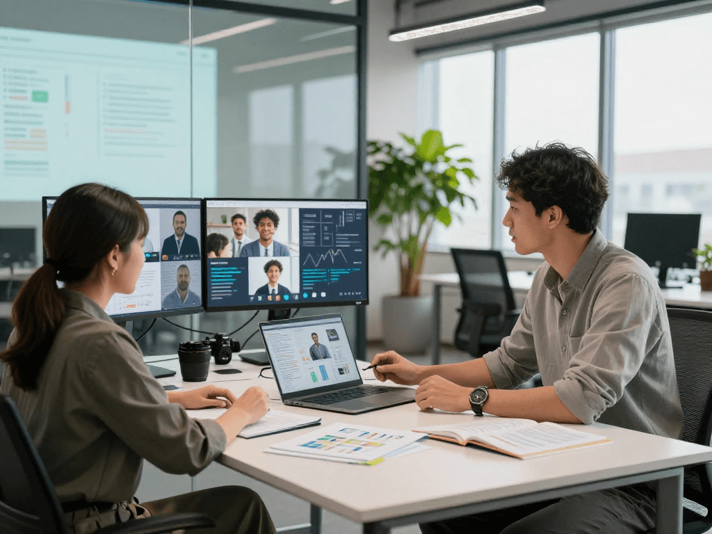 Seamless collaboration in a modern workspace featuring innovative technologies and data visualizations with net88.