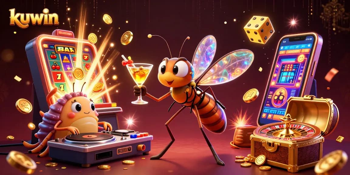 Kuwin's vibrant casino scene showcases a mosquito mascot and trilobite DJ against a dynamic backdrop of games and winnings.
