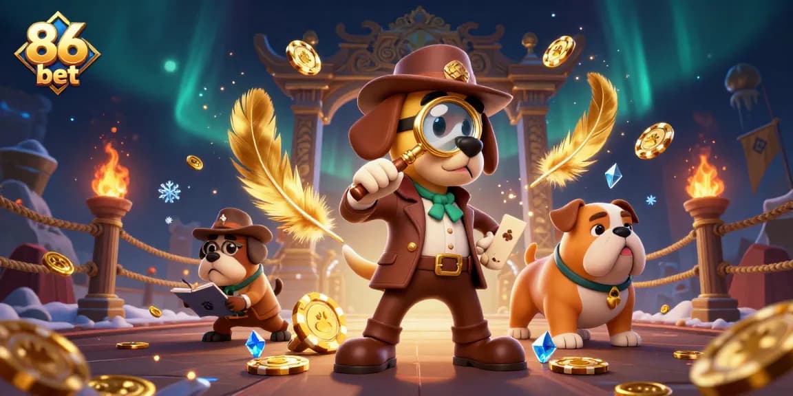 Place your bets at 86 bet with an exciting treasure-hunting scene featuring detective animals.