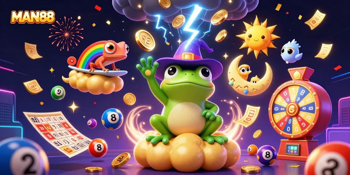 Win big at MAN88 with a vibrant and dynamic lottery-themed illustration featuring magical characters and elements.