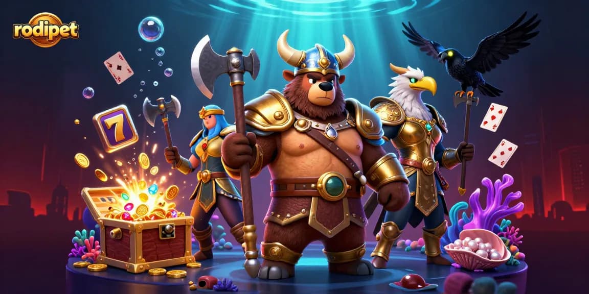 Engage with rodipet's exciting slot action featuring a Viking bear and Valkyrie eagle in a dynamic casino scene.